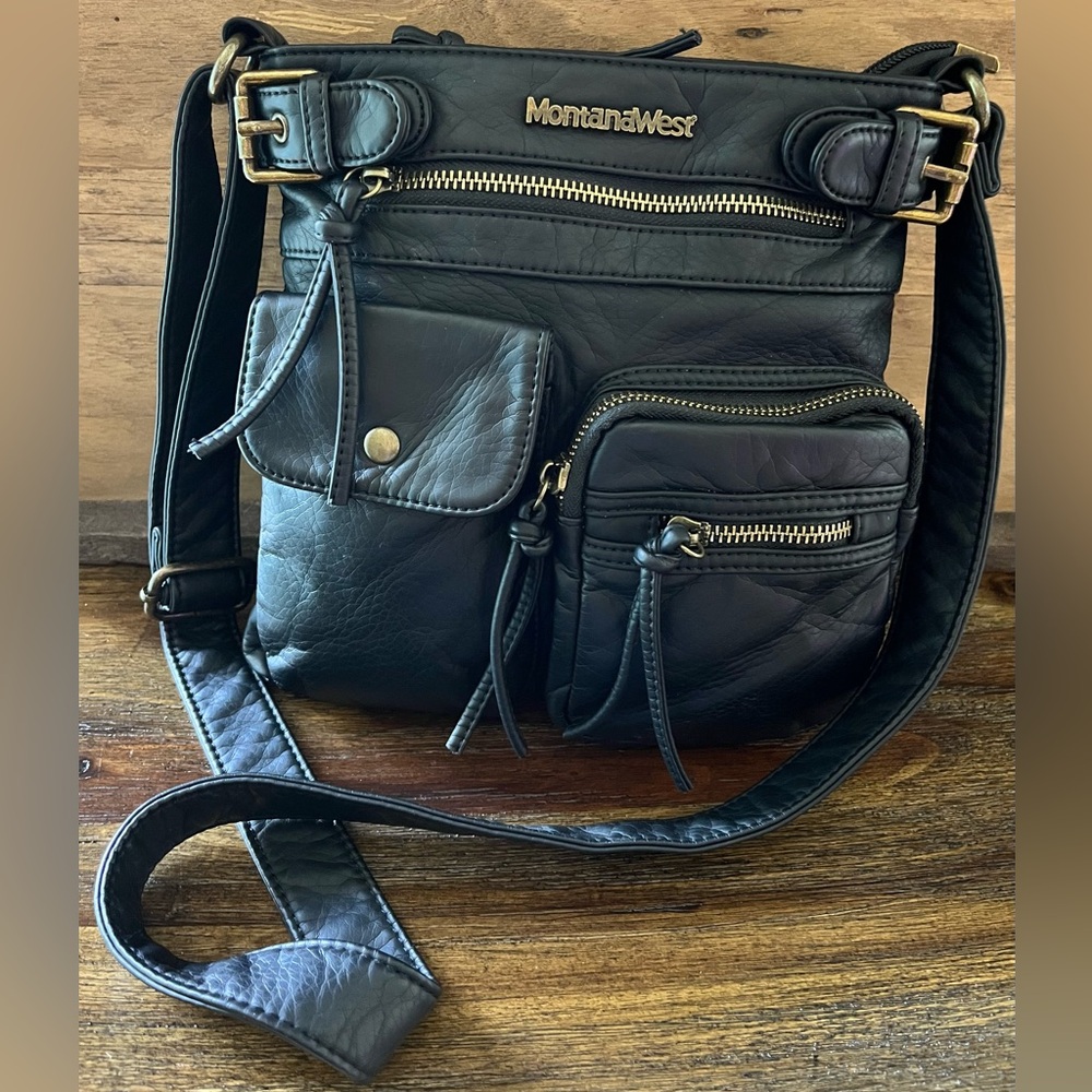Montana West Crossbody Bag Multi Pocket Washed Leather Classic Black